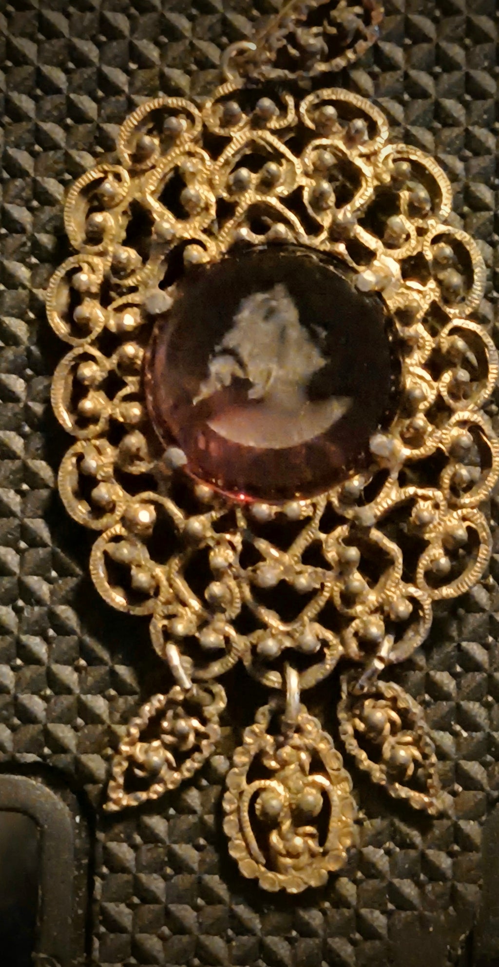 Art Deco Czech "Grand Statement"   Color shift "Alexandrite" glass etched cameo pendant****signed
