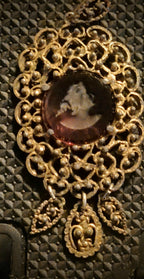 Art Deco Czech "Grand Statement"   Color shift "Alexandrite" glass etched cameo pendant****signed